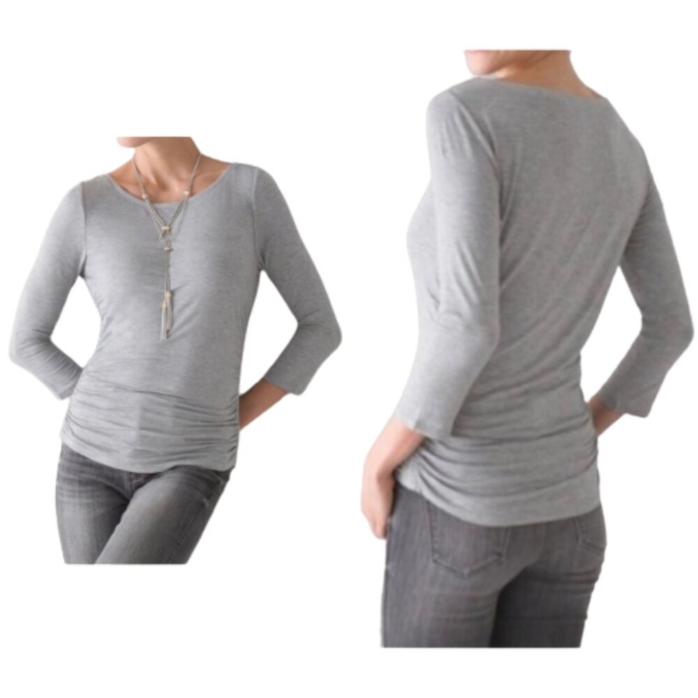 WHBM Gray Shirred Side Knit Top 3/4 Sleeves 570319151 Blouse Solid